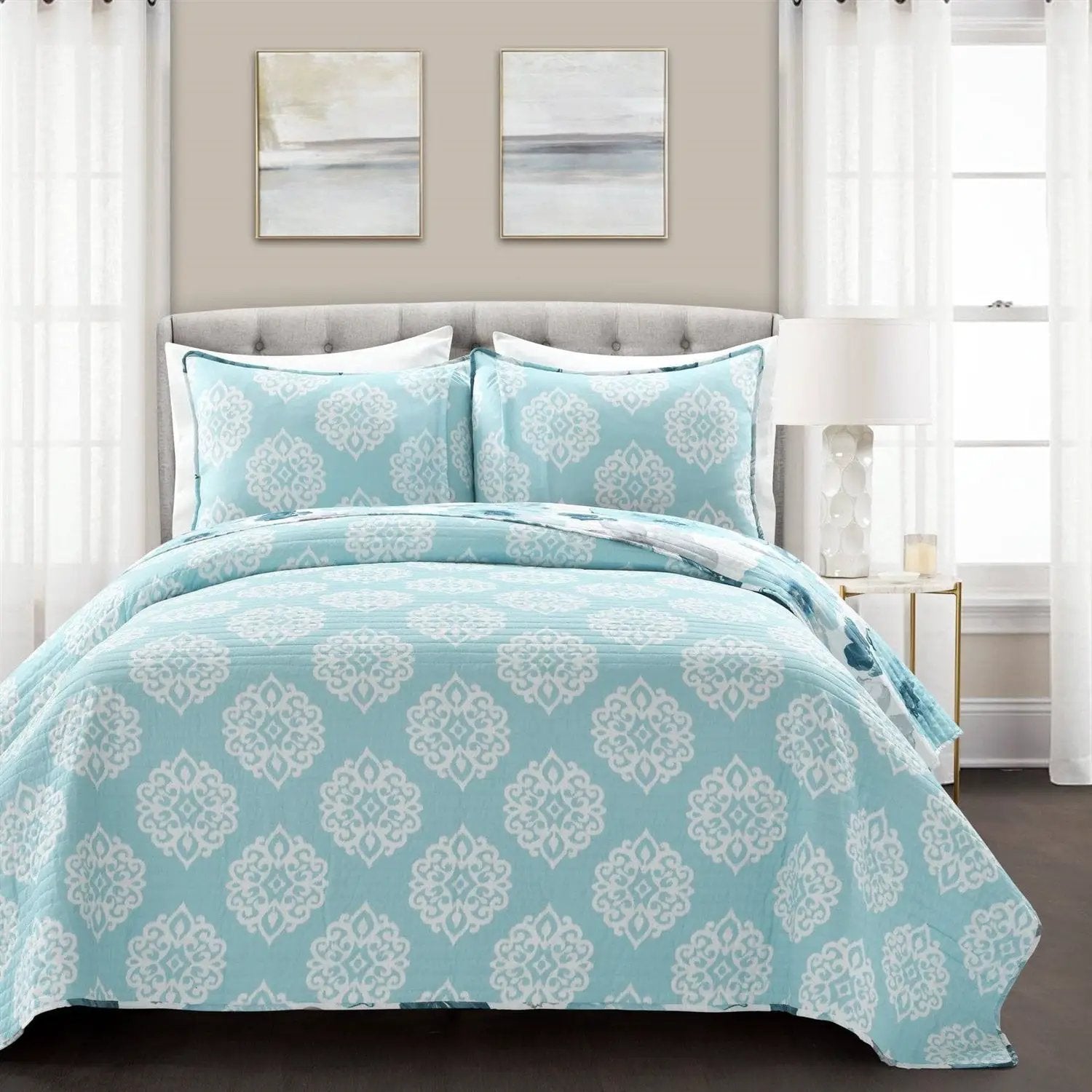 Full/Queen Blue Grey Flowers Lightweight Polyester Microfiber Quilt Set by HomePacific