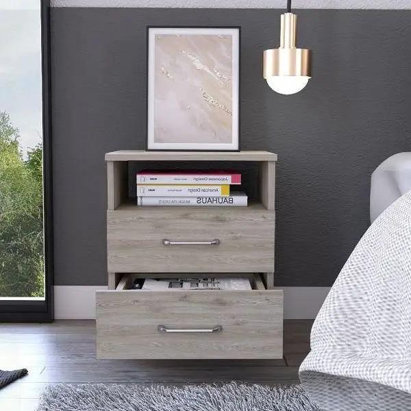 Modern 2-Drawer Nightstand with Open Shelf in Beige Wood Finish by HomePacific