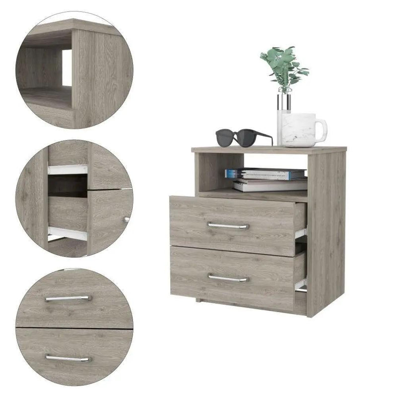 Modern 2-Drawer Nightstand with Open Shelf in Beige Wood Finish by HomePacific