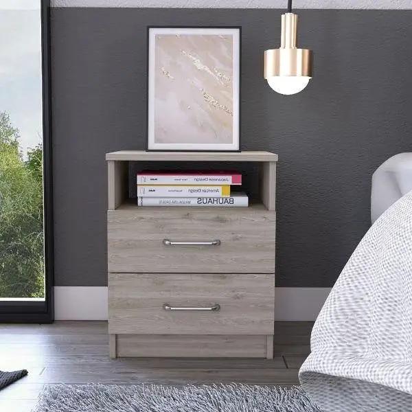 Modern 2-Drawer Nightstand with Open Shelf in Beige Wood Finish by HomePacific