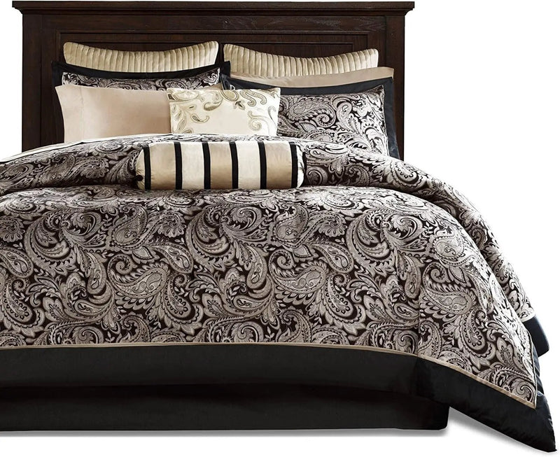 Queen 12 Piece Cotton Polyester Comforter Set Black Gold Paisley by HomePacific