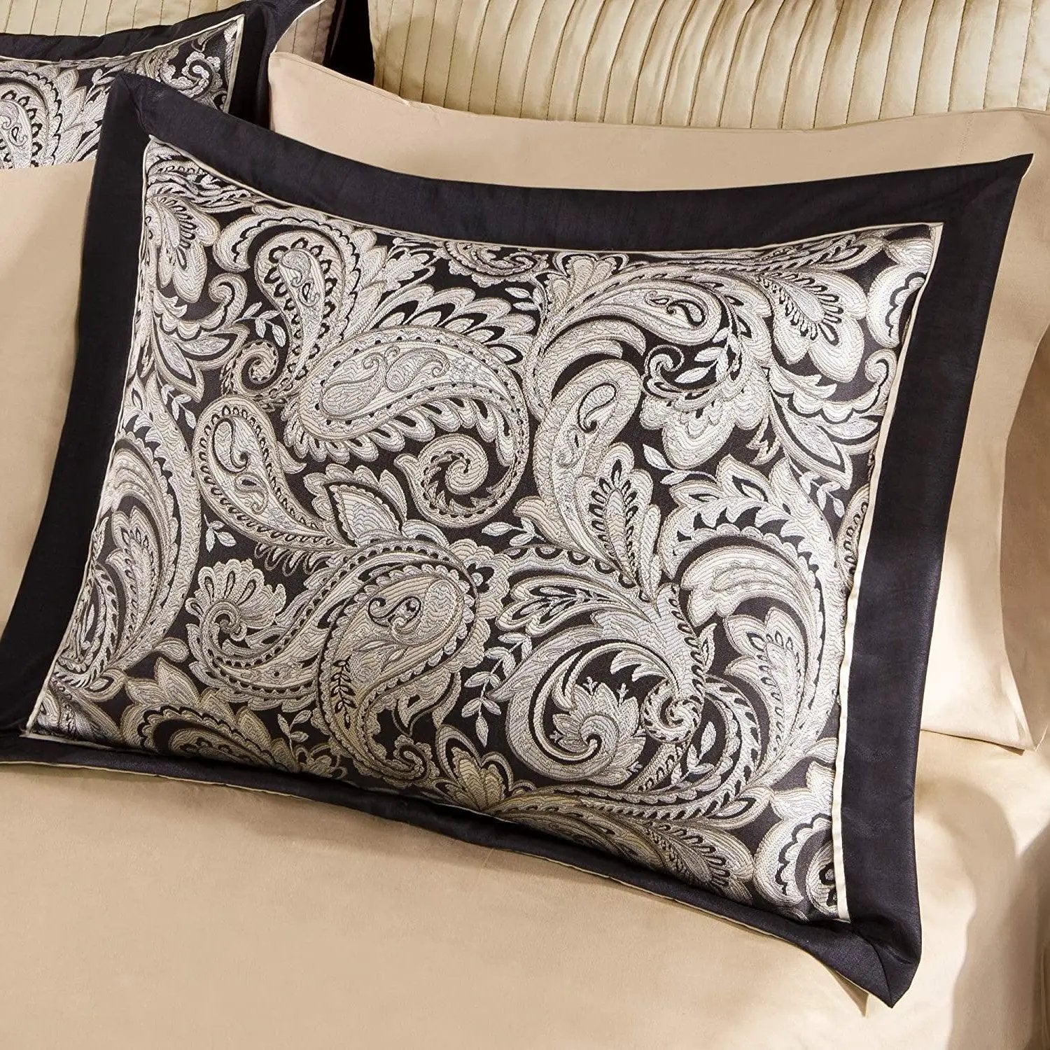 Queen 12 Piece Cotton Polyester Comforter Set Black Gold Paisley by HomePacific