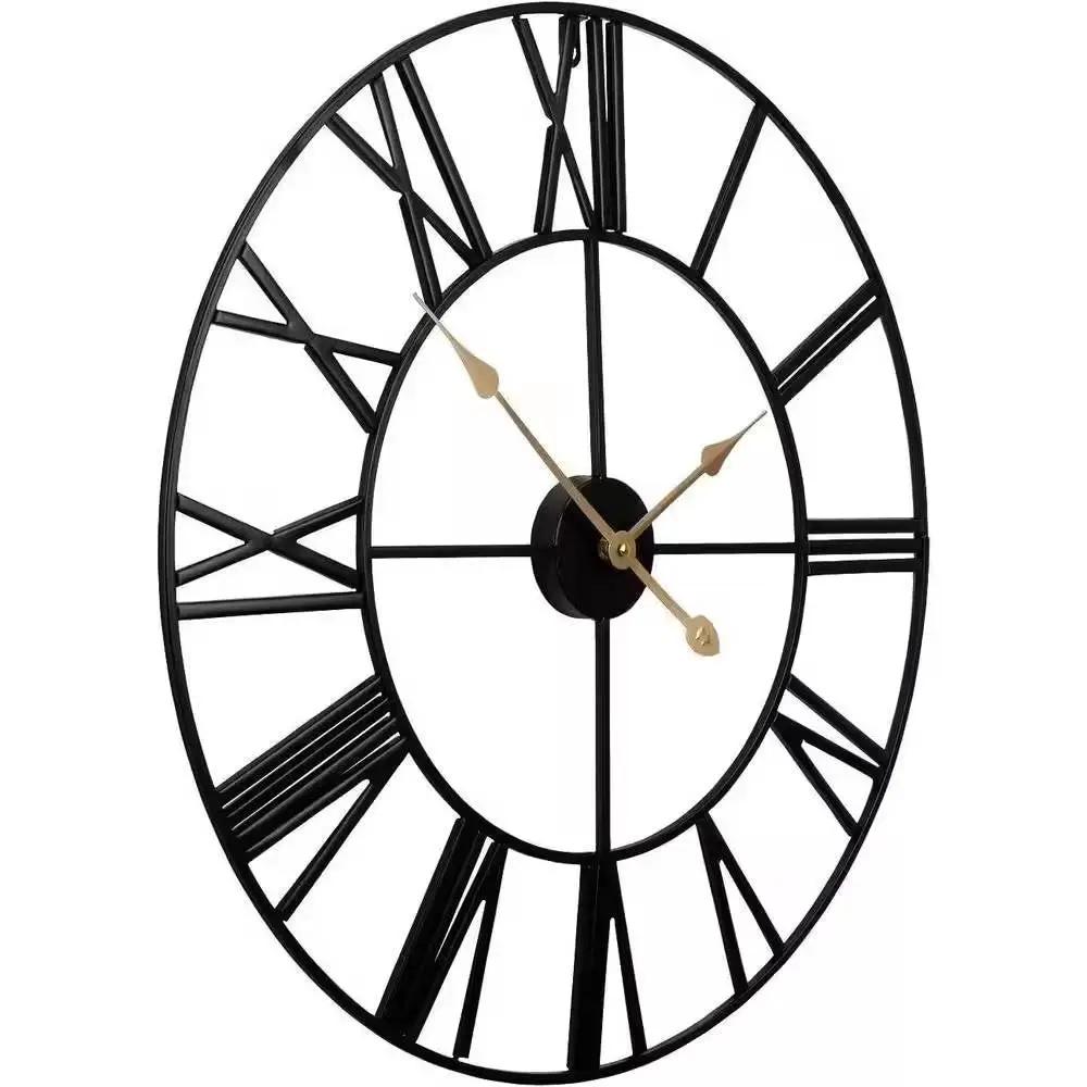 Round 24-inch Black Metal Roman Numeral Wall Clock with Gold Hands by HomePacific
