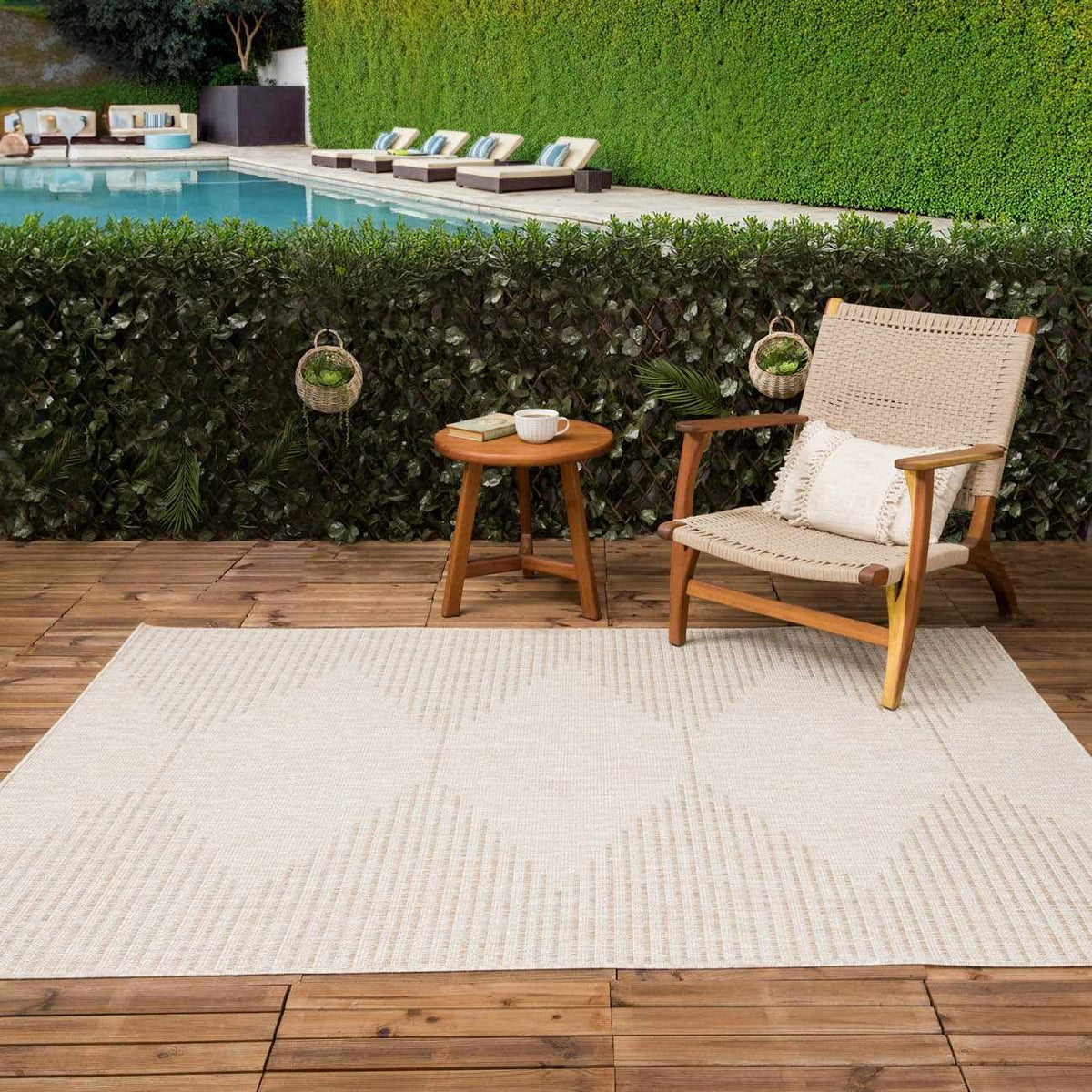 Stephan Beige Outdoor Rug, installed in a room