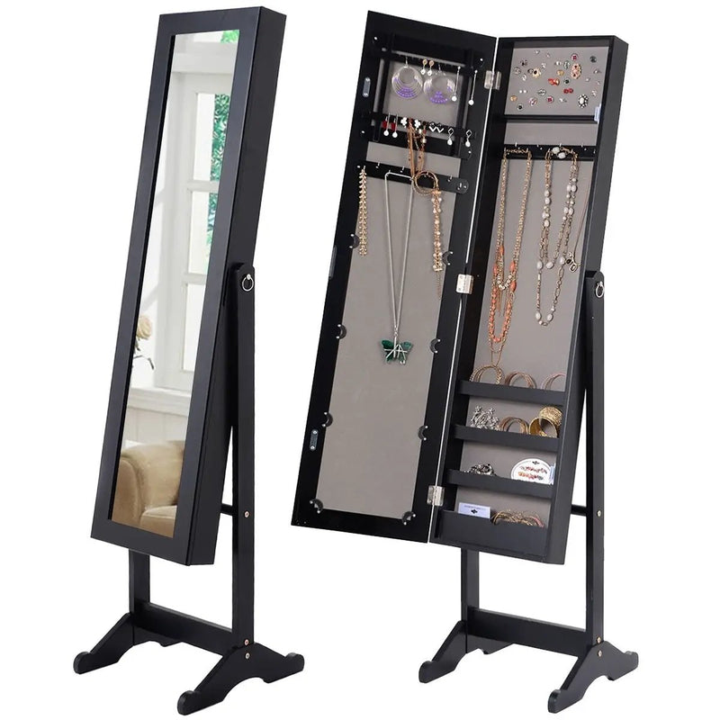Black Wood Jewelry Storage Cabinet Freestanding Floor Mirror by HomePacific