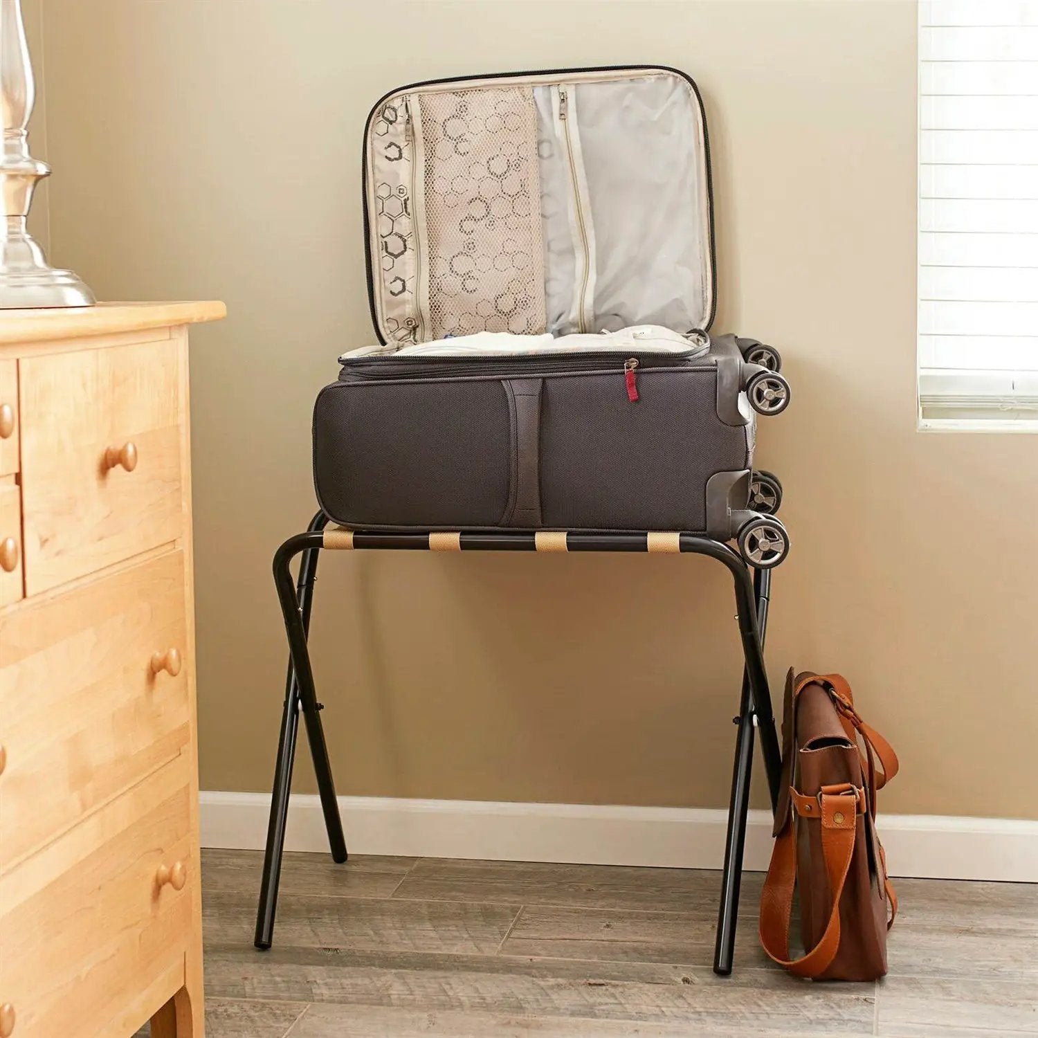 Black Metal Folding Luggage Rack with Khaki Fabric Straps by HomePacific