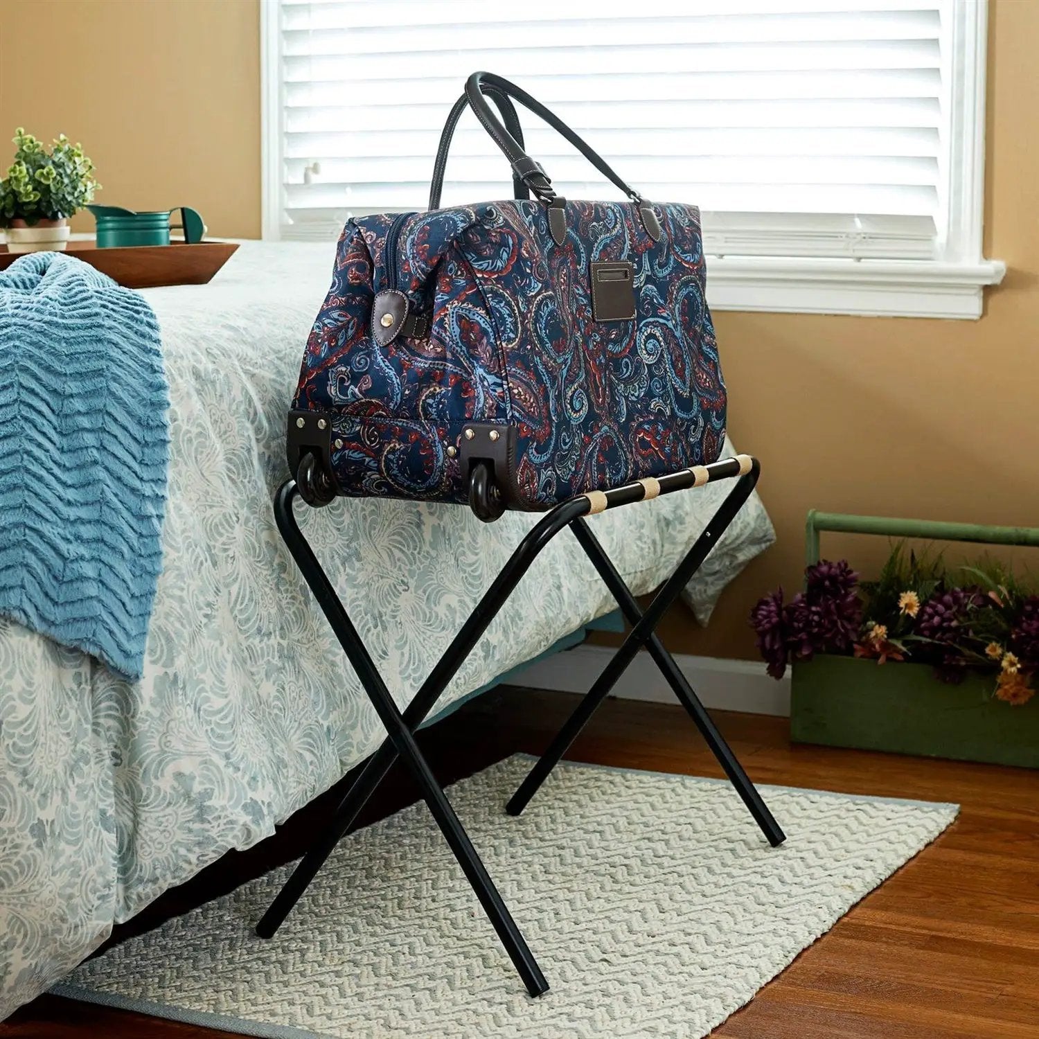 Black Metal Folding Luggage Rack with Khaki Fabric Straps by HomePacific
