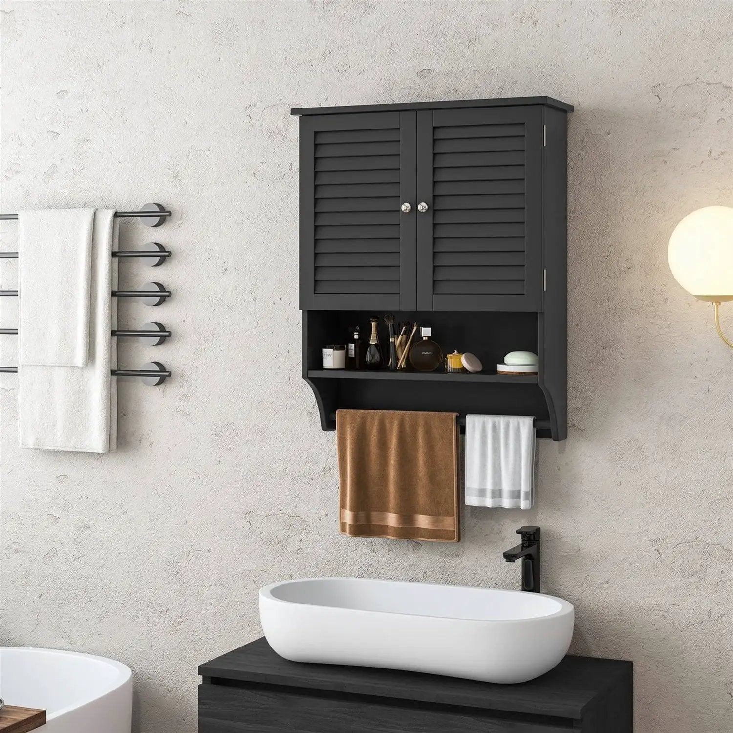 Black Wall-Mounted Bathroom Medicine Cabinet with Louver Doors and Towel Bar by HomePacific