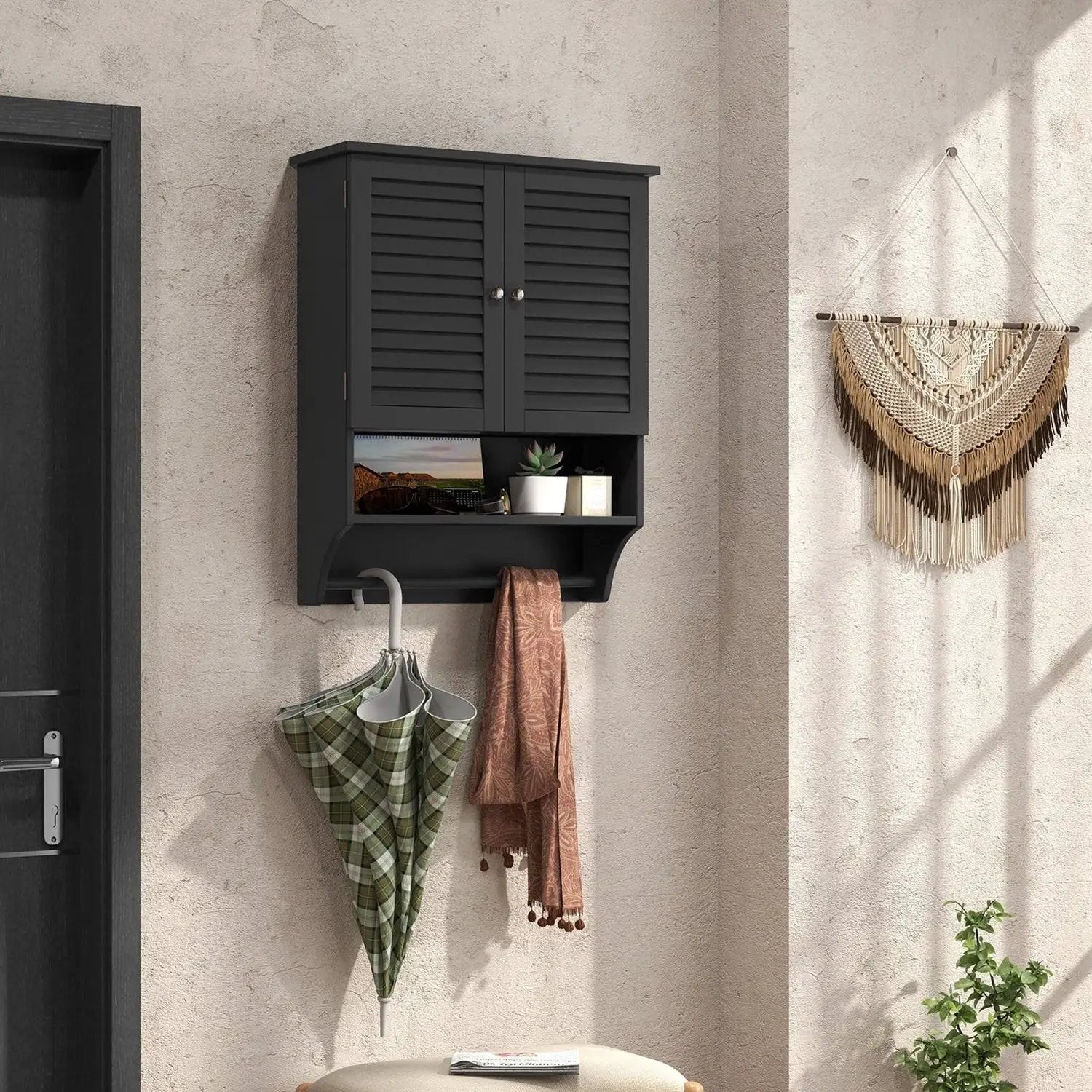 Black Wall-Mounted Bathroom Medicine Cabinet with Louver Doors and Towel Bar by HomePacific