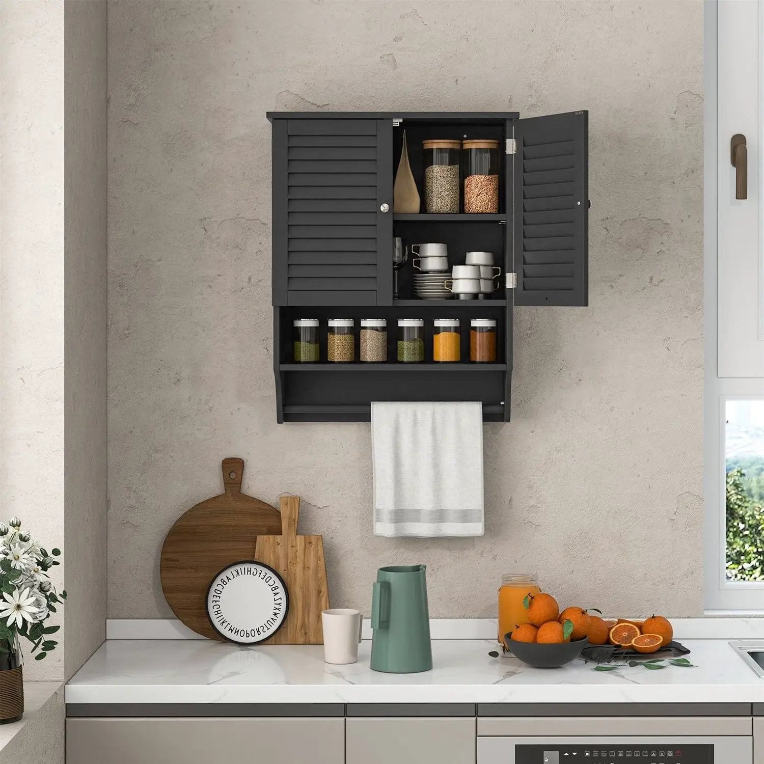 Black Wall-Mounted Bathroom Medicine Cabinet with Louver Doors and Towel Bar by HomePacific