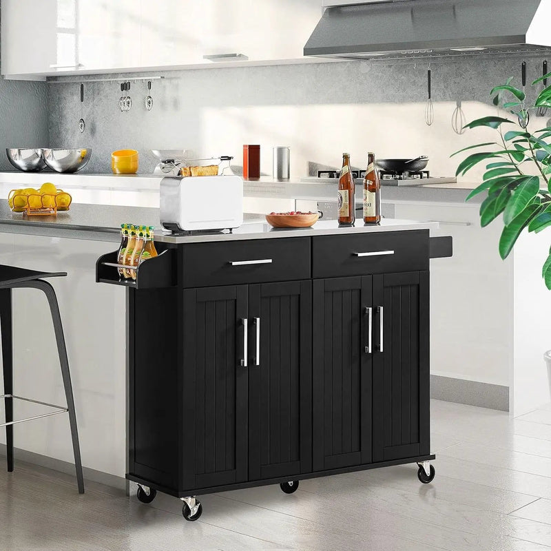 Black Kitchen Island Cart with Stainless Steel Top 2 Drawers and Cabinet by HomePacific