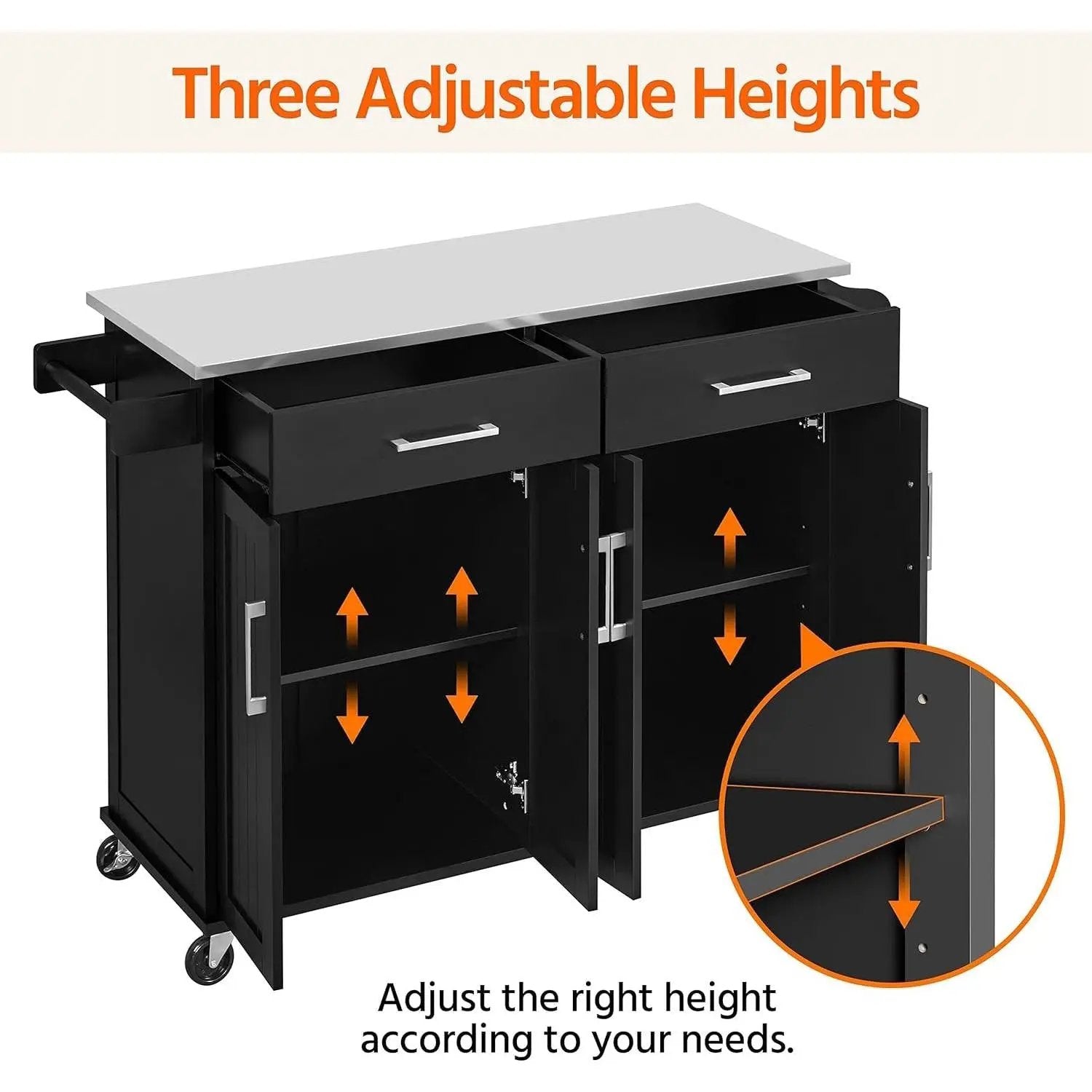 Black Kitchen Island Cart with Stainless Steel Top 2 Drawers and Cabinet by HomePacific