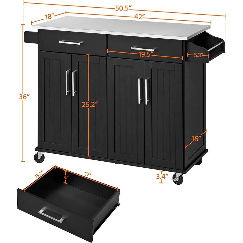 Black Kitchen Island Cart with Stainless Steel Top 2 Drawers and Cabinet by HomePacific
