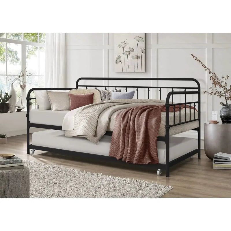 Twin size Black Rounded Iron Daybed with Roll Out Trundle Bed Frame by HomePacific