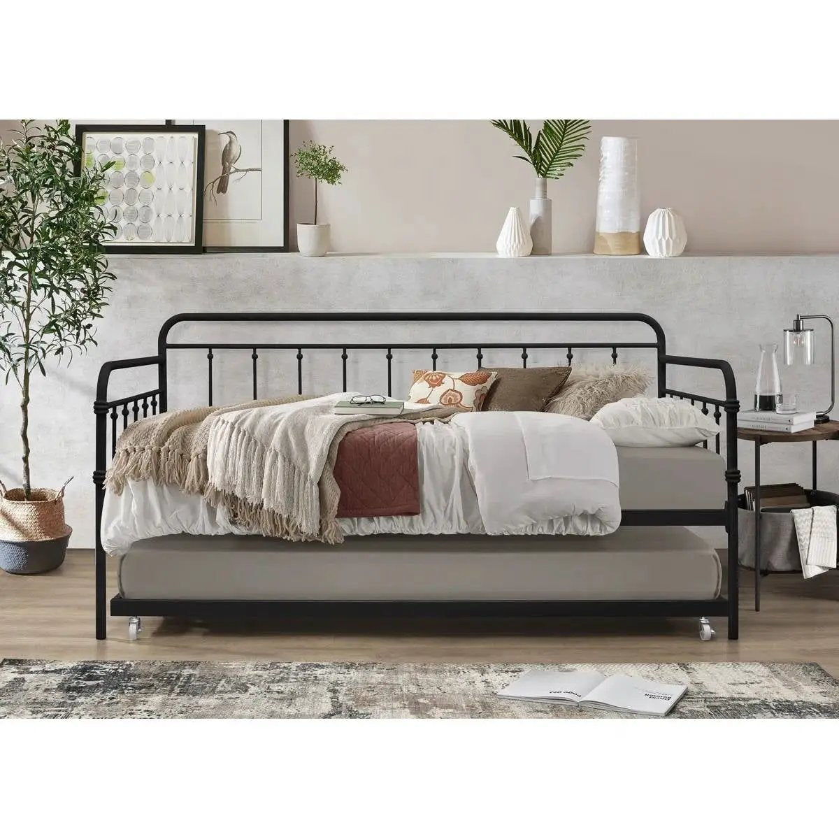 Twin size Black Rounded Iron Daybed with Roll Out Trundle Bed Frame by HomePacific