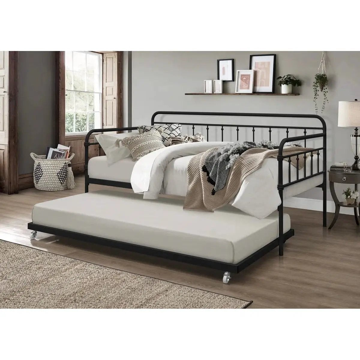 Twin size Black Rounded Iron Daybed with Roll Out Trundle Bed Frame by HomePacific