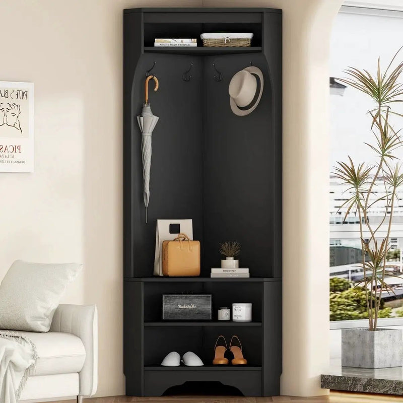 Modern Black Corner Hall Tree Coat Rack Entryway Storage Cabinet Shoe Bench by HomePacific