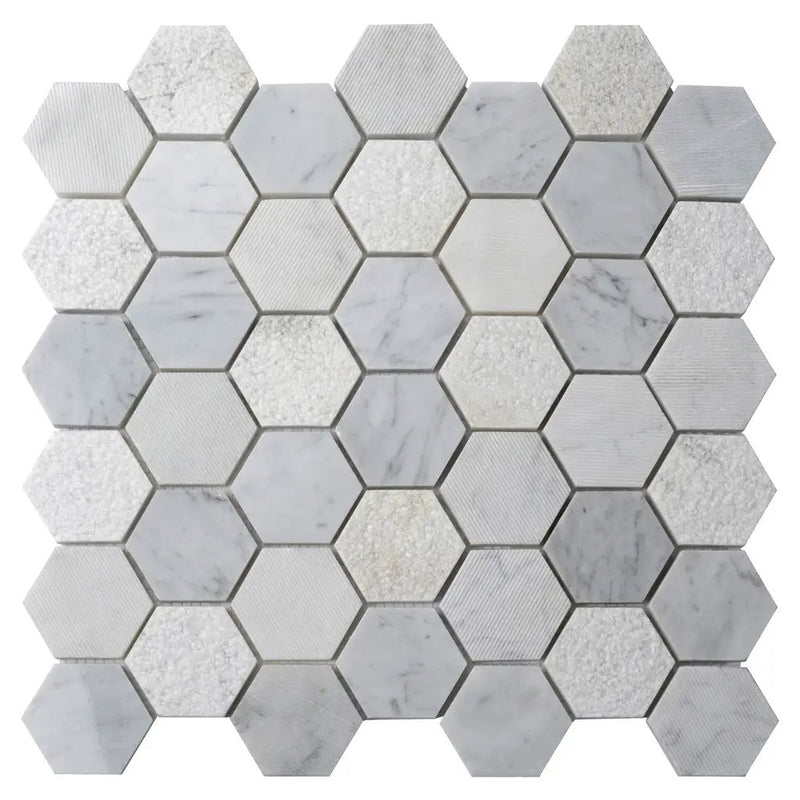 White 12x12 Polished Etched Hexagon Bianco Carrara Marble Mosaic Tile (5 pack, 4.92 sq ft/case) by Apollo Tile