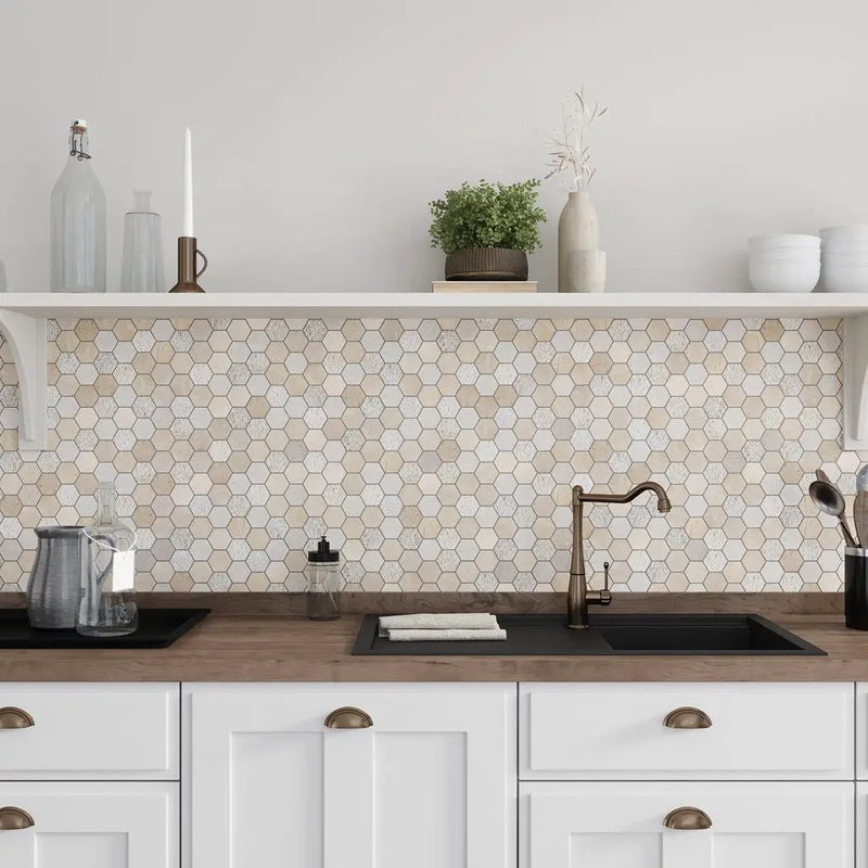 Beige 12x12 Polished Etched Hexagon Crema Marfil Marble Mosaic Tile (5 pack, 4.92 sq ft/case) by Apollo Tile