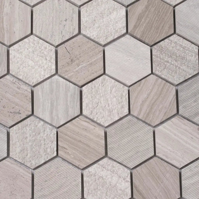 Wooden Grey 12x12 Etched Polished Hexagon Marble Mosaic Tile (5 pack, 4.92 sq ft/case) by Apollo Tile