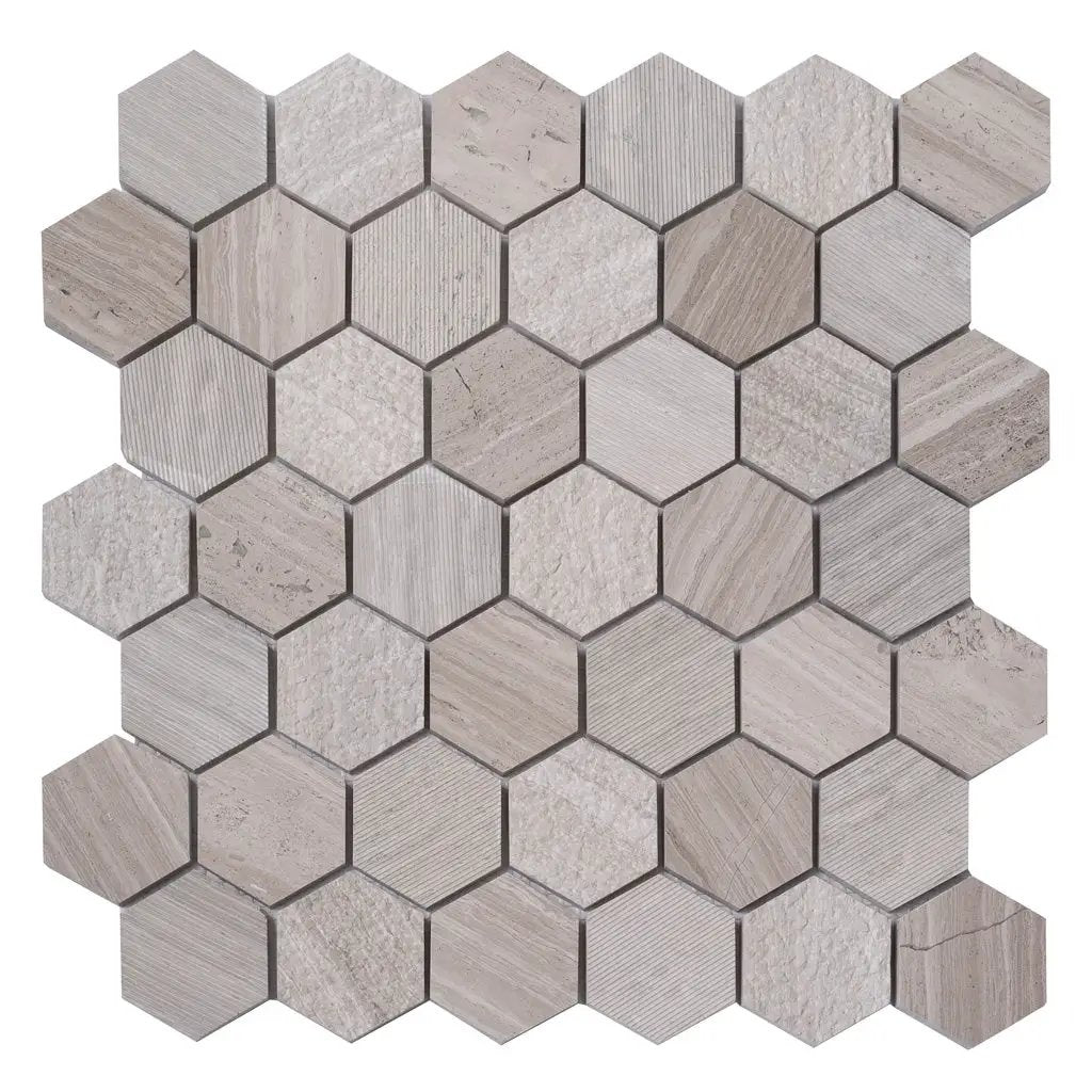 Wooden Grey 12x12 Etched Polished Hexagon Marble Mosaic Tile (5 pack, 4.92 sq ft/case) by Apollo Tile