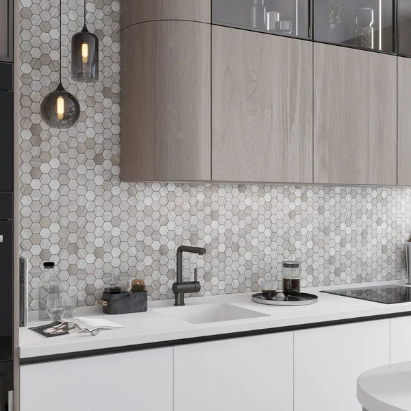 Wooden Grey 12x12 Etched Polished Hexagon Marble Mosaic Tile (5 pack, 4.92 sq ft/case), photo 2 of 8