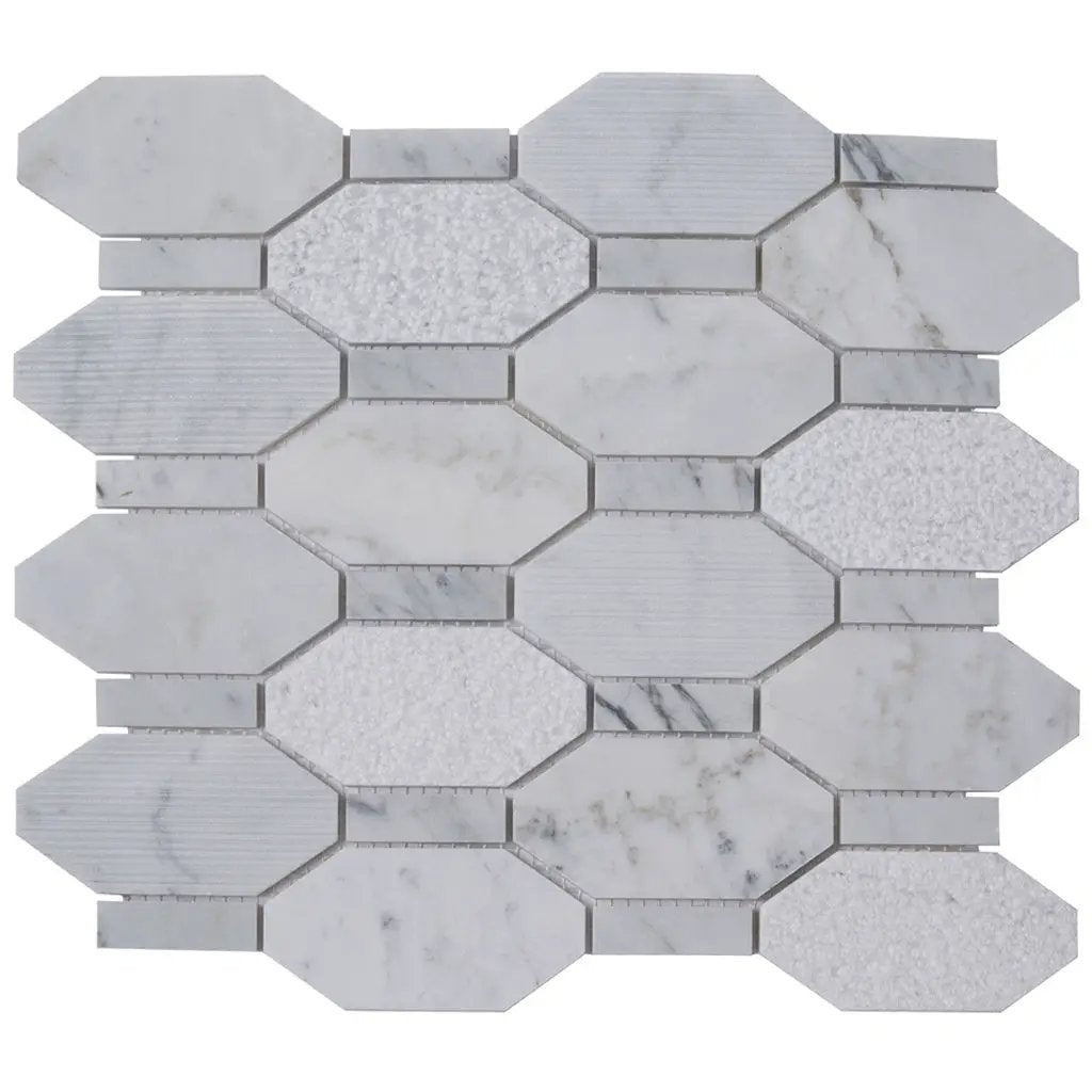 White 11x12 Polished Etched Hexagon Bianco Carrara Marble Mosaic Tile (5 pack, 4.66 sq ft/case) by Apollo Tile