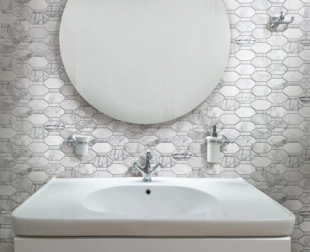 White 11x12 Polished Etched Hexagon Bianco Carrara Marble Mosaic Tile (5 pack, 4.66 sq ft/case) by Apollo Tile