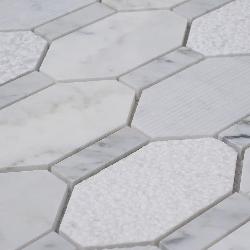 White 11x12 Polished Etched Hexagon Bianco Carrara Marble Mosaic Tile (5 pack, 4.66 sq ft/case) by Apollo Tile