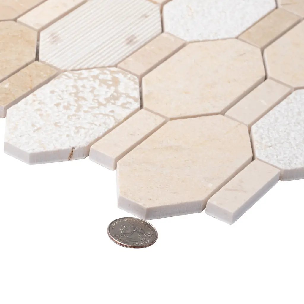 Beige 11x12 Polished Etched Hexagon Crema Marfil Marble Mosaic Tile (5 pack, 4.66 sq ft/case) by Apollo Tile