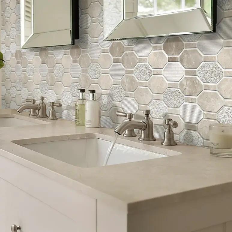 Beige 11x12 Polished Etched Hexagon Crema Marfil Marble Mosaic Tile (5 pack, 4.66 sq ft/case) by Apollo Tile