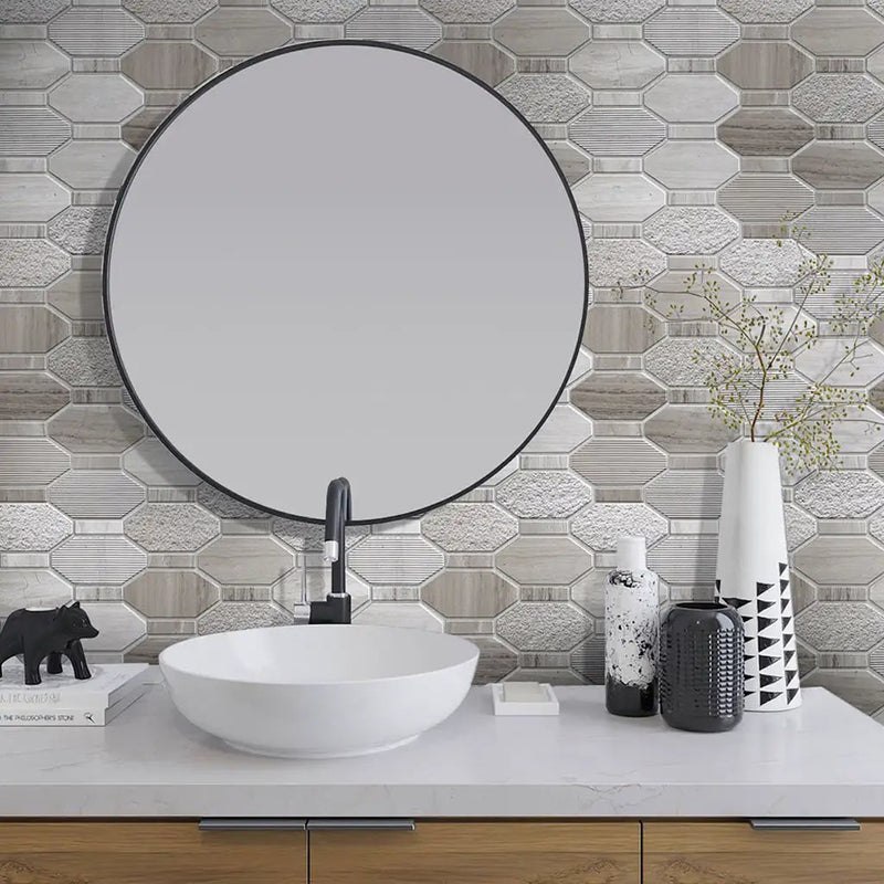 Wooden Grey 11x12 Polished Etched Hexagon Marble Mosaic Tile (5 pack, 4.66 sq ft/case) by Apollo Tile