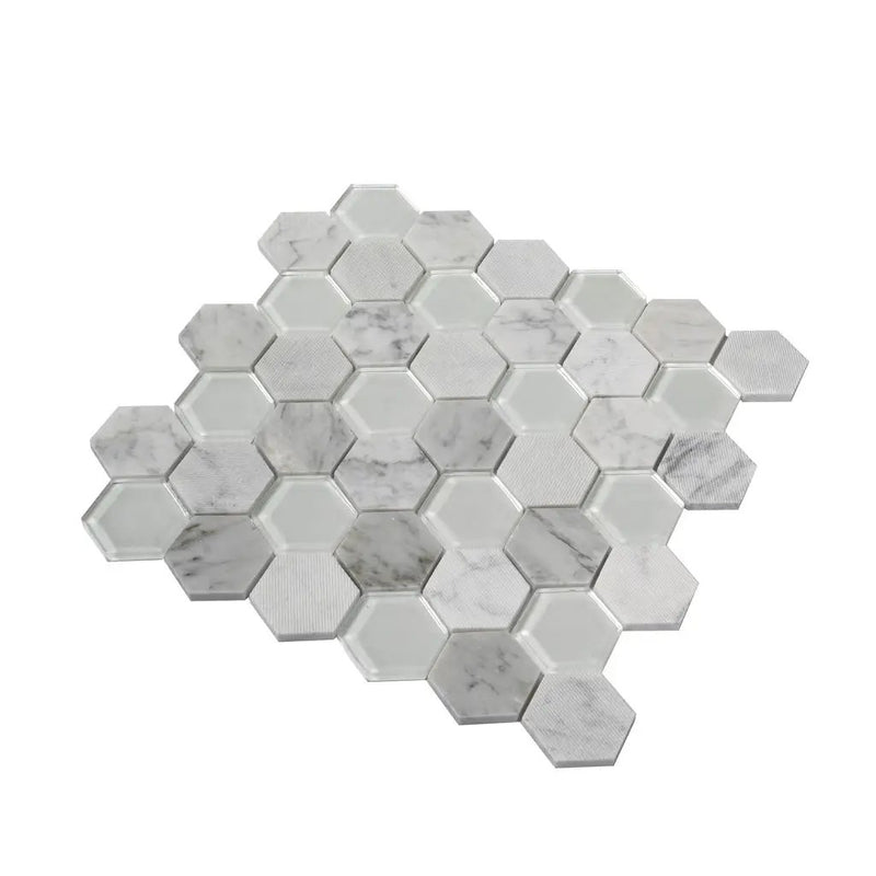 White 12x12 Polished Etched Hexagon Bianco Carrara Glass Marble Mosaic Tile (5 pack, 4.92 sq ft/case) by Apollo Tile