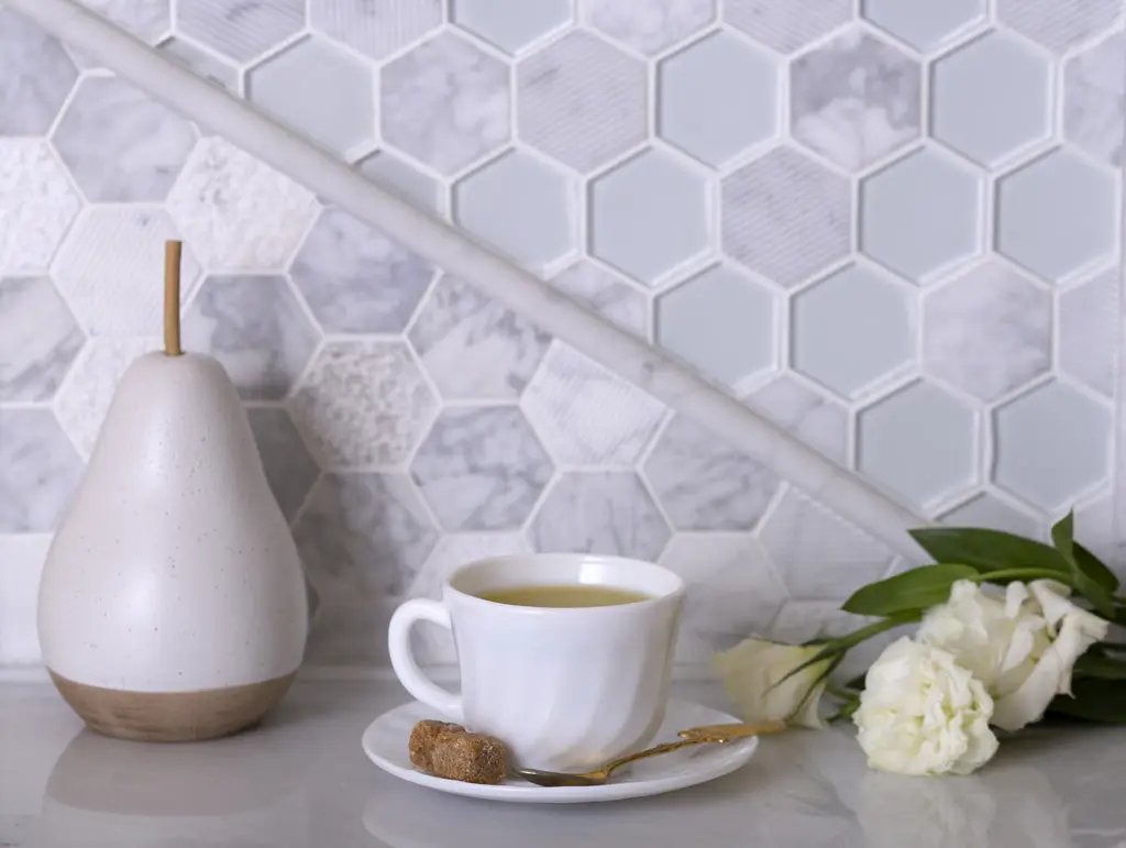 White 12x12 Polished Etched Hexagon Bianco Carrara Glass Marble Mosaic Tile (5 pack, 4.92 sq ft/case) by Apollo Tile