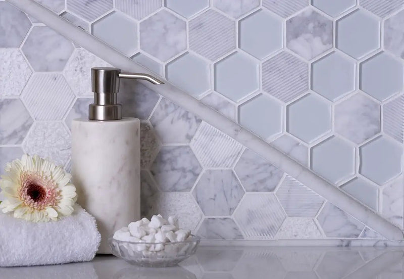 White 12x12 Polished Etched Hexagon Bianco Carrara Glass Marble Mosaic Tile (5 pack, 4.92 sq ft/case) by Apollo Tile