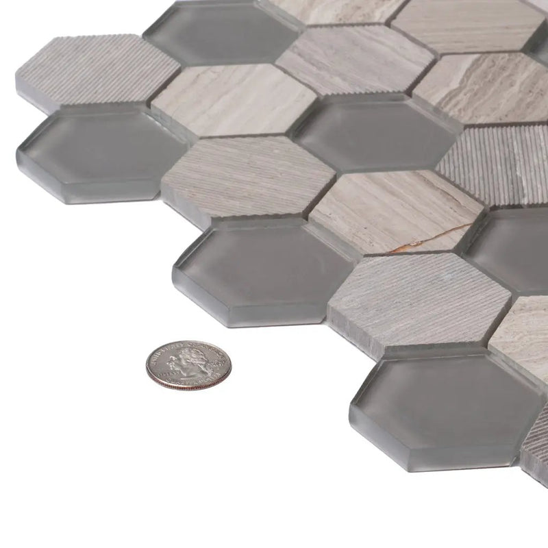 Wooden Grey Glass 12x12 Polished Etched Hexagon Marble Mosaic Tile (5 pack, 4.92 sq ft/case) by Apollo Tile