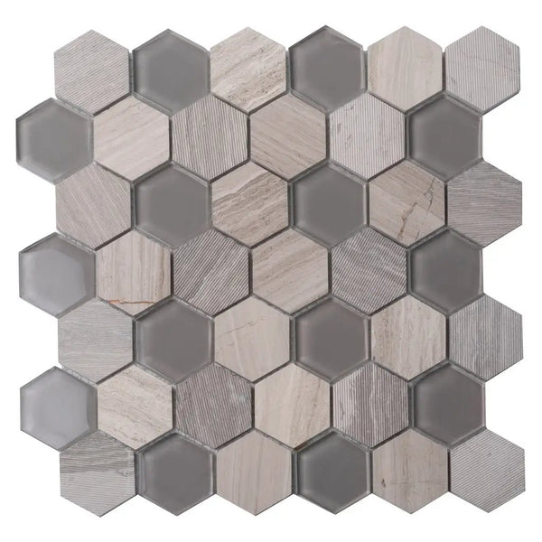 Wooden Grey Glass 12x12 Polished Etched Hexagon Marble Mosaic Tile (5 pack, 4.92 sq ft/case), photo 2 of 9