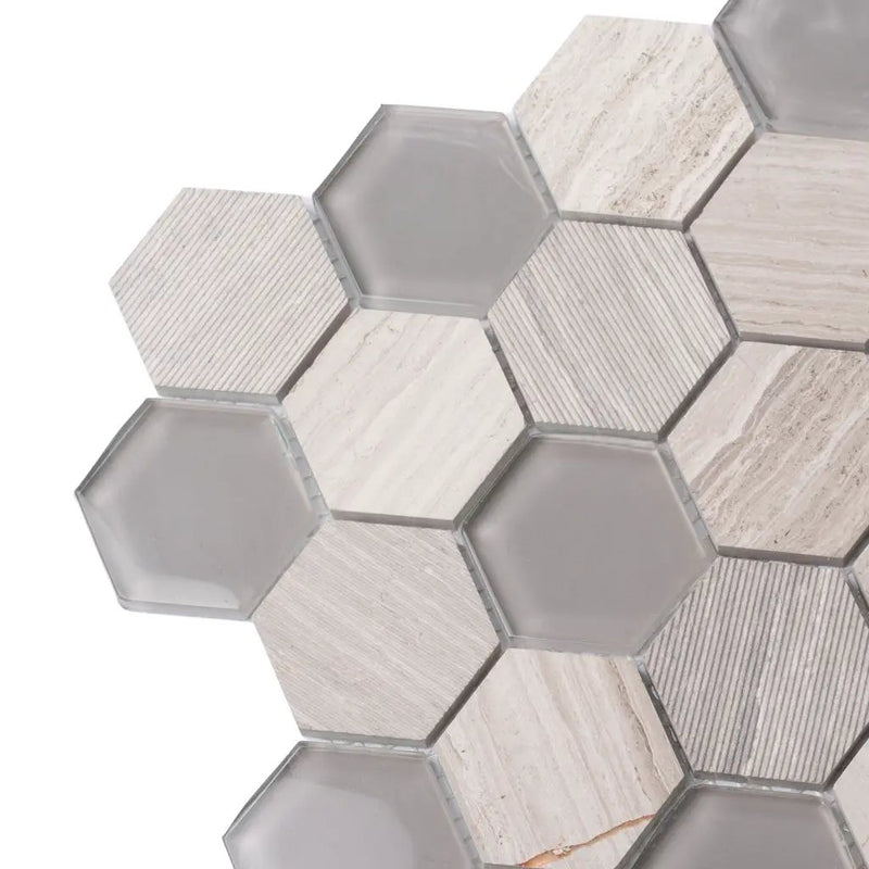 Wooden Grey Glass 12x12 Polished Etched Hexagon Marble Mosaic Tile (5 pack, 4.92 sq ft/case) by Apollo Tile