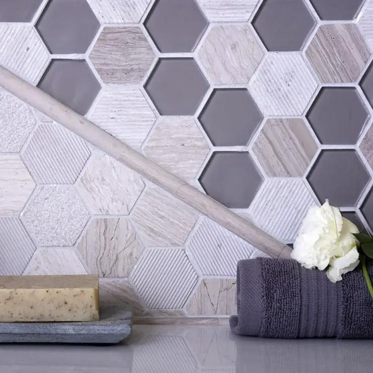 Wooden Grey Glass 12x12 Polished Etched Hexagon Marble Mosaic Tile (5 pack, 4.92 sq ft/case) by Apollo Tile