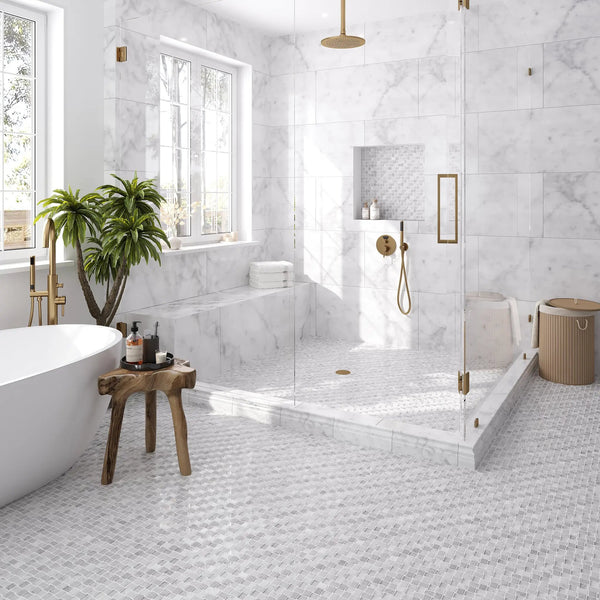 White 12x12 Polished Etched Brick Bianco Carrara Glass Marble Mosaic Tile (5 pack, 4.83 sq ft/case)