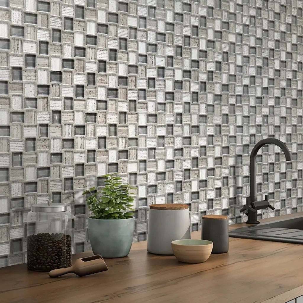 Wooden Grey Glass 12x12 Polished Etched Brick Marble Mosaic Tile (5 pack, 4.83 sq ft/case) by Apollo Tile
