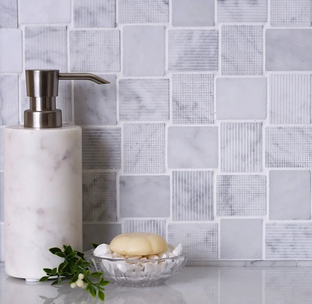 White 11x11 Polished Etched Brick Bianco Carrara Marble Mosaic Tile (5 pack, 4.13 sq ft/case) by Apollo Tile