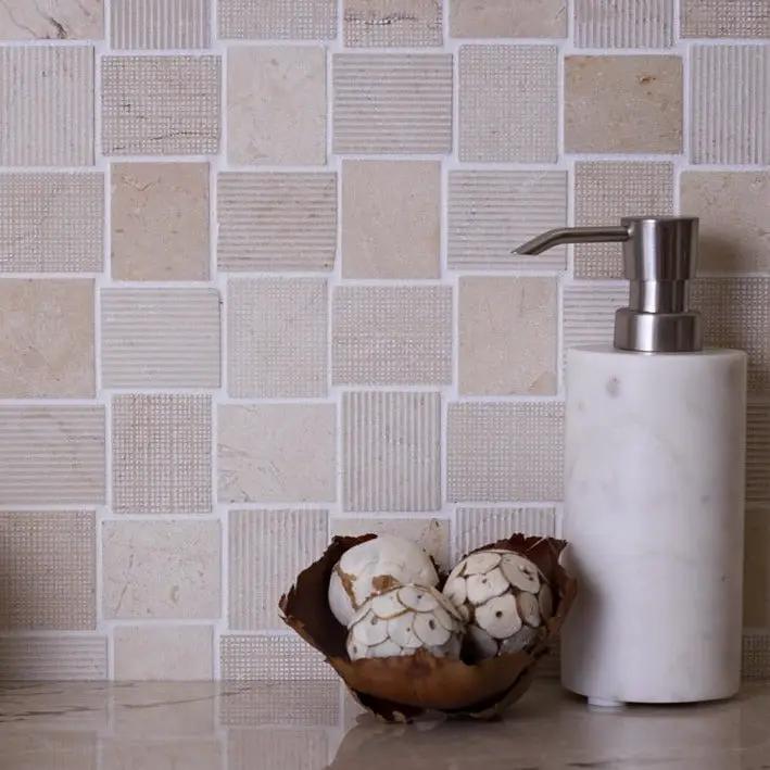 Beige 11x11 Polished Etched Brick Crema Marfil Marble Mosaic Tile (5 pack, 4.13 sq ft/case) by Apollo Tile