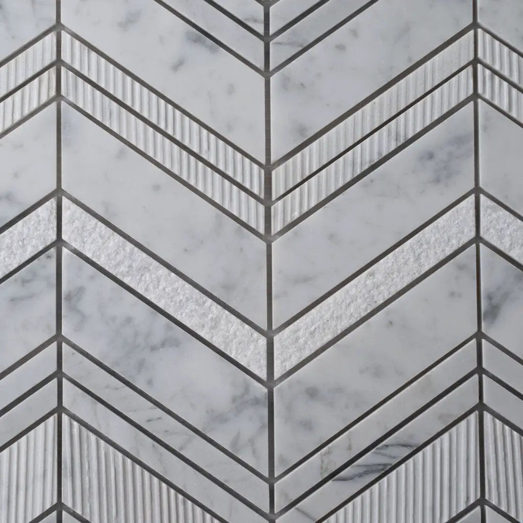 Gray White 13x13 Polished Etched Herringbone Bianco Carrara Marble Mosaic Tile (5 pack, 6.09 sq ft/case) by Apollo Tile