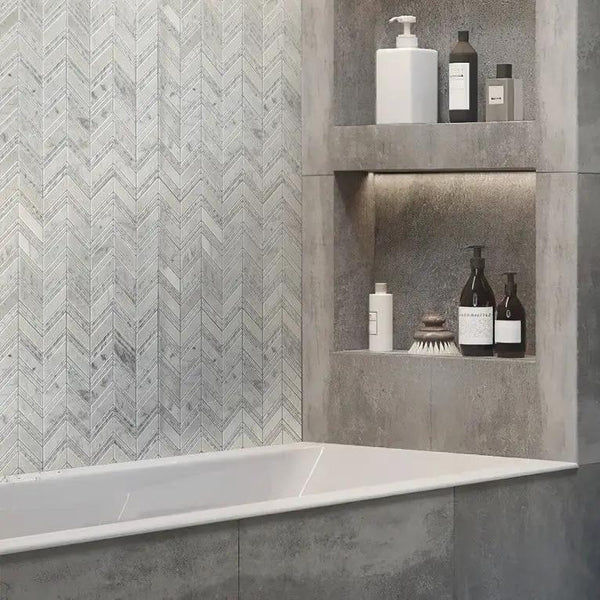 Gray White 13x13 Polished Etched Herringbone Bianco Carrara Marble Mosaic Tile (5 pack, 6.09 sq ft/case)