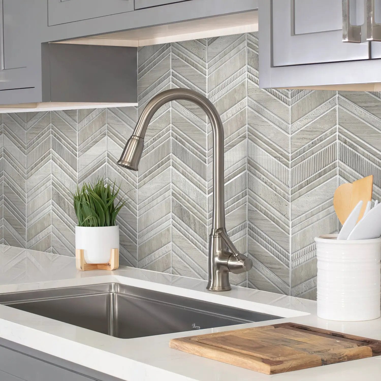 Wooden Grey 13x13 Polished Etched Herringbone Marble Mosaic Tile (5 pack, 6.09 sq ft/case) by Apollo Tile