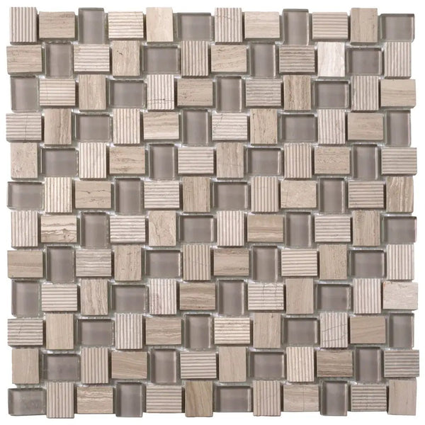 Wooden Grey Glass 12x12 Polished Etched Brick Marble Mosaic Tile (5 pack, 4.83 sq ft/case), photo 2 of 6