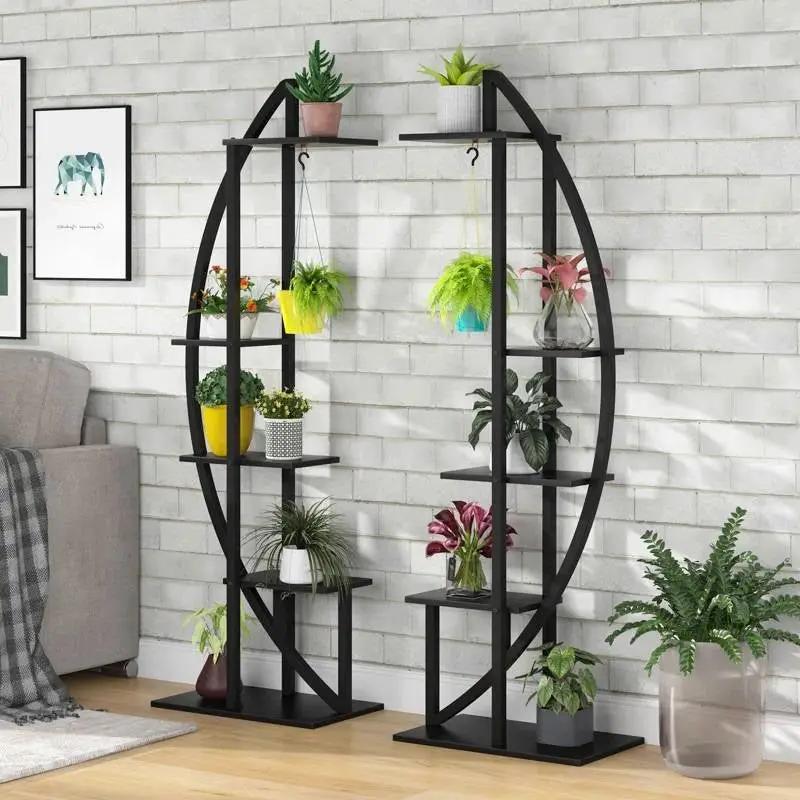 Set of 2 - Symmetrical Modern Black Metal Wood 10-Shelf Plant Stand by HomePacific
