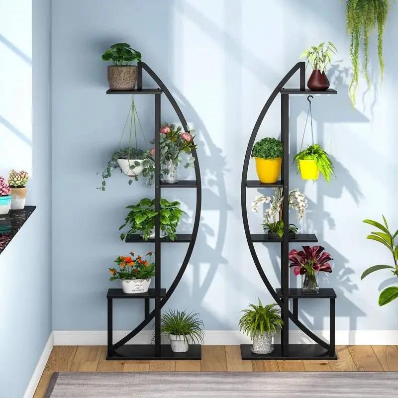 Set of 2 - Symmetrical Modern Black Metal Wood 10-Shelf Plant Stand by HomePacific