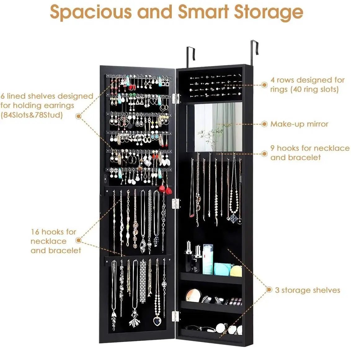 2-in-1 Black Wall or Door Mounted Jewelry Organizer Full Length Mirror by HomePacific
